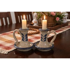 Vintage Salt Glazed Stoneware Candlestick Holders Set of 2 Blue Leaf 4" Signed